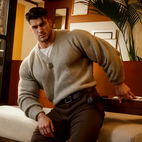 ((Giant Muscular men tall very beefy body , )), wear sweater shirt strip pattern Long sleeve,belt Louis Vuitton brown and cream pants . Flowers Park , small head, broad shoulder , shirty , Attribute pose, rectangle face, handsome, realistic, smooth skin...