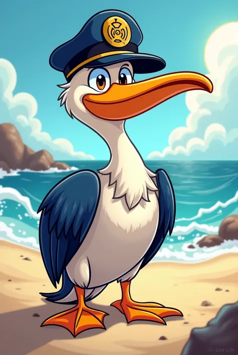 Draw an animated pelican to be the mascot of “Guardians of the Coast” draw it with a hat, As if I were a coast guard