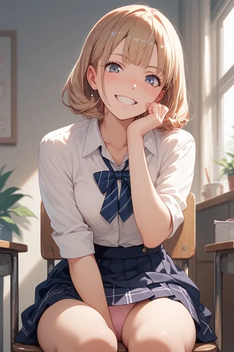 わきUnderを見せない，blush，Under，  no background ，   when I stare at it transparent ， Stare at Pe ，Sit on a chair，Front view， skirt， panties， no background， grin ，