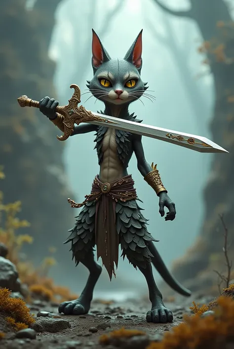 have cat face and holding sword