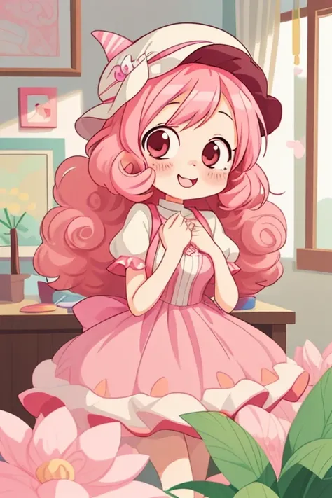 Anime girl wearing a hat and dress,  Curly pink hair, cheerful，blossoms,  girl, Wear a hat, Kawaii chibi, curly pink hair, tchibi, Cute Art, cute character, on amino, poofy, protect, offcial art, cute drawing, Prue, Tekamba, Kawasi, indoor, gorgeous  girl,...