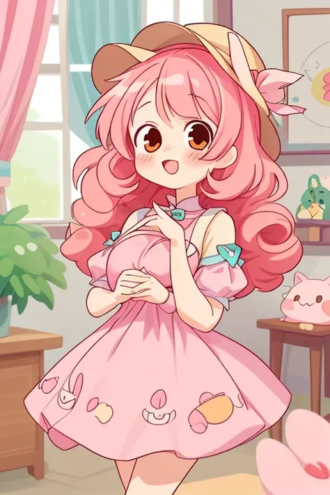 Anime girl wearing a hat and dress,  Curly pink hair, cheerful，blossoms,  girl, Wear a hat, Kawaii chibi, curly pink hair, tchibi, Cute Art, cute character, on amino, poofy, protect, offcial art, cute drawing, Prue, Tekamba, Kawasi, indoor, gorgeous  girl,...