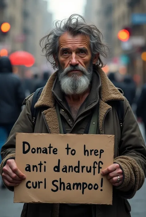 Homeless man with a sign that says :  I collect for anti-dandruff curl shampoo
