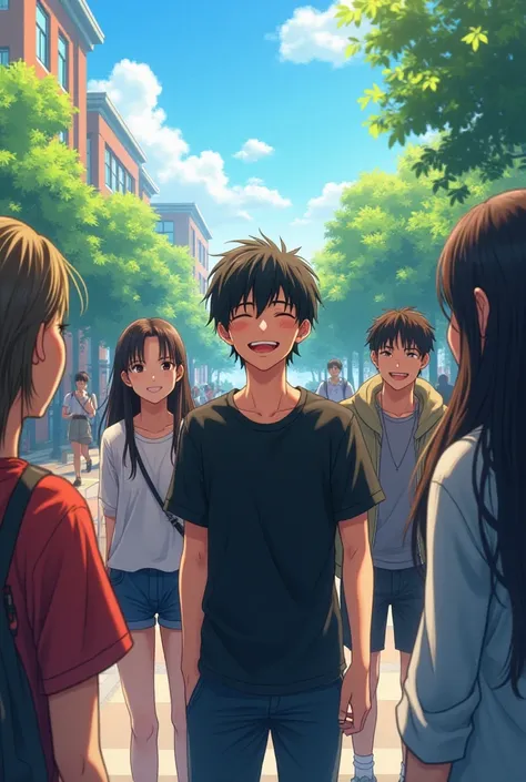 An anime-type boy , of long, dark hair,  dressed in black laughing in the company of his friends at a university 