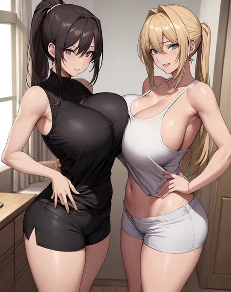 (masterpiece), best quality, expressive eyes, perfect face, perfect body, two women, 2girls, MILF, mature women, breasts, huge_breasts, hentai body, seductive smile, NSFW, two, blond_hair, shorts, lots of cleavage, looking_at_viewer, large_breasts, open_mo...