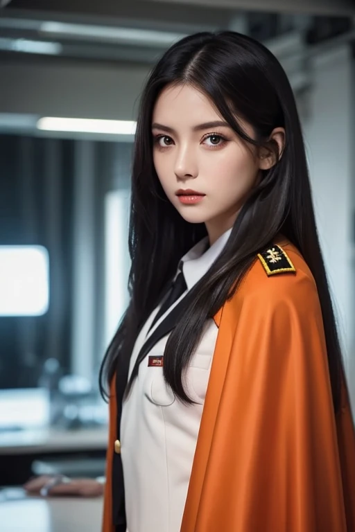  white  girl with long black hair is wearing a military uniform,  Orange Cape , Big hazel eyes,  Science Fiction , Dark mood, charturnerv2