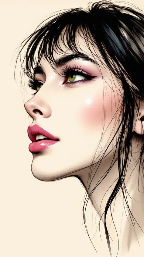 A close-up portrait illustration, side profile view of soft feminine features, striking bright green eyes with detailed eyelashes, pink glossy lips, delicate smooth skin with a slight rosy undertone, dramatic black strands of hair falling across the face, ...