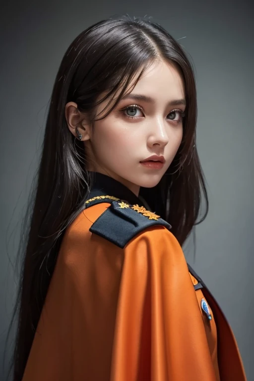  white  girl with long black hair is wearing a military uniform,  Orange Cape , Big hazel eyes,  Science Fiction , Dark mood, charturnerv2