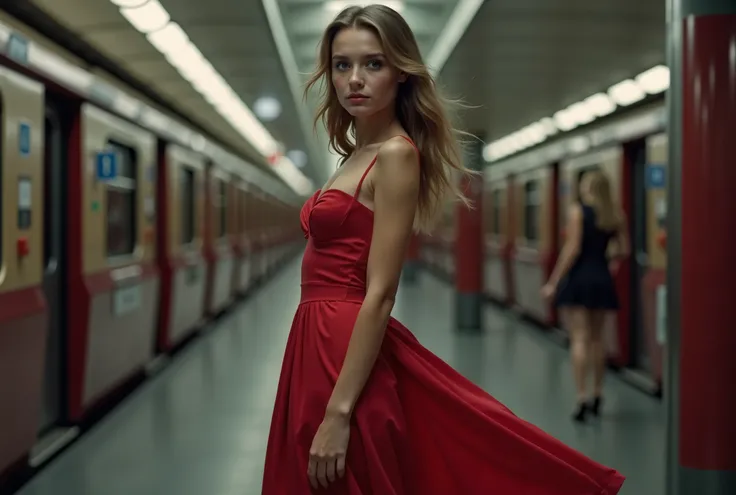 Photo of nice Girl in red dress on the railway station, full height,