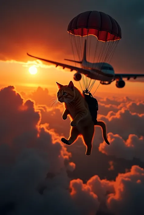 night sky,  of a plane with a burning engine in the background .  A big red cat and a kitten jump out of the plane with a parachute.  Their silhouettes are found against the background of fire and dark clouds . The wind blows the fur , and their expression...