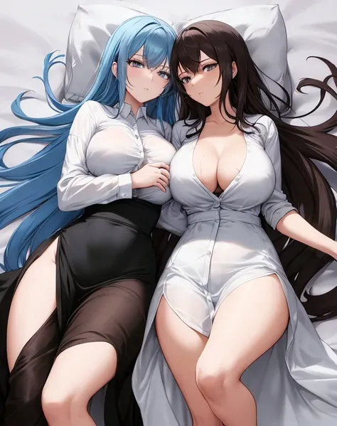 Two women, sexy women, busty,  one with dark brown hair and the other with light blue hair, are intertwined in a close embrace.   She has a serious expression with dark eyes and a neutral gaze.  She is wearing a white, loose button-up shirt, revealing a bl...