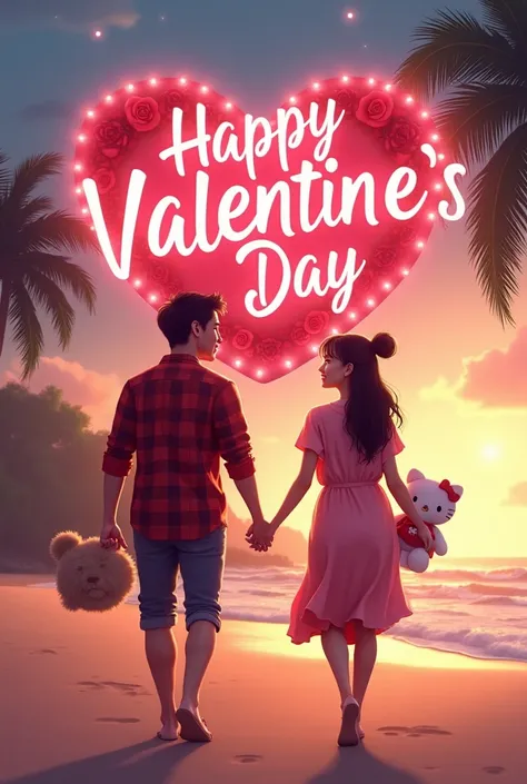 Realpic . handsome guy with short hair side by side from indonesia . wearing red plaid shirts walking with beautiful girls hair in a bundle,baju yang sama mereka at the beach  membawa boneka Tedybird dan hello kity, in the sky behind there is an inscriptio...