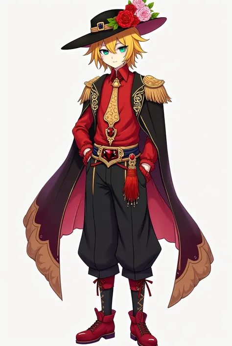 An anime guy with blue and green eyes, golden yellow hair  .With fair skin and wearing all the red and gold fantasy clothes, including a red shirt and a tie made of Dontal with a red jewel with a red jelly on the top and black on the bottom with a red gold...