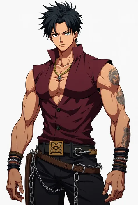 Create an anime character in One Piece style a slimmer,  but muscular man with short ,  tousled black hair and an edged face .  He is wearing a modern ,  outfit based on a warrior : A dark red ,  sleeveless tunic ,  black pants with belts and straps ,  tha...