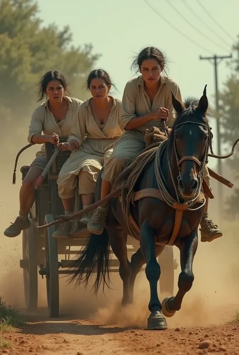 3 women beat a horse while driving a horse cart 