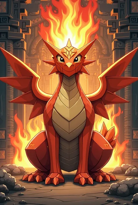  A fire dragon Pokémon made of straight lines and squares, Aztec detail   , with a floating crown of fire, anime-style