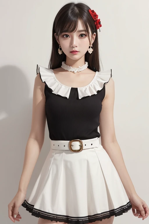  top quality , very detailed,masterpiece, ULTRA DETAIL,Alone,(Delicine eyes),(White background:1.3),red eyes, standing, belt skirt ,[trench coin:20],gem, mole_Down_eye,  in rot _in_viewer, Frilled_ headband, earrings for women with first name