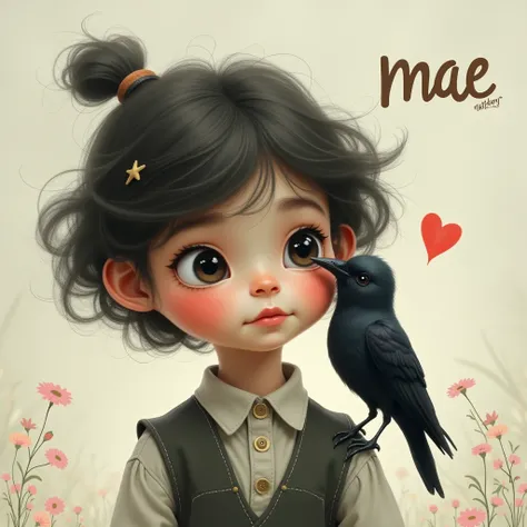 Girl or boy with a little crow with Kiss mark with name "Mae" in the left 1girl, Dutch Angle, 