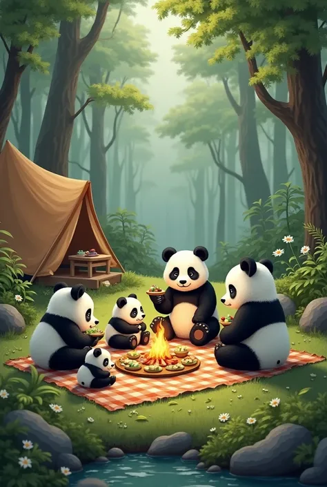 A group of panda doing picnic in a forest. There is a camp and a camp fire. 