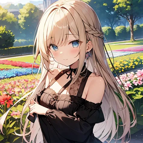  table top,  highest quality,shape,  wallpaper,  very detailed, Absurd beauty、 Please tell me about 1 beautiful girl、 ( long hair、 short braided hair), Very detailed beautiful eyes ,  hair blown in the wind、Keep your head small、 Flower Field 、 Great Outdoo...