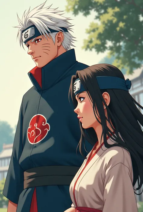 Tobirama senju from Naruto in classic Naruto style, shaped like Masashi Kishimoto, He is with a feminine woman who is in the classic Naruto style who has a band from the village of La Hoja 