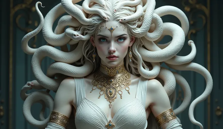  Medusa Greek mythology , (Ancient Greek clothing:1.3), (Gold and silver jewelry, Wide collar, bracelet,  bracelet, [Enamel bracelet, earrings, Wide waistband ),  hair of many snakes ,  image of a snake with snow white all over ,  fair skin covered with sh...