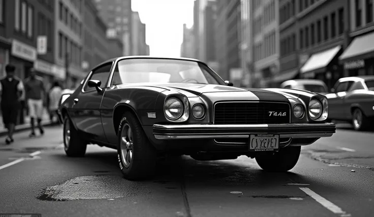 1974 Chevrolet Camaro Z28 350 LT in New York American Street,realistic,black and white photo