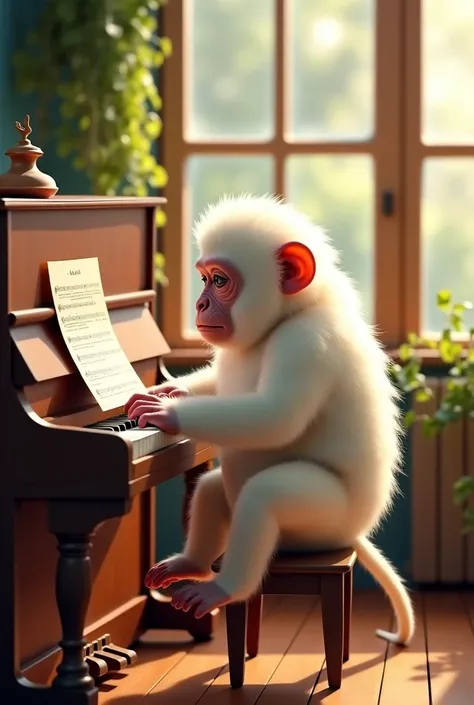 "A chubby, fluffy white monkey with white paws, beautifully rendered with a very realistic digital art style inspired by Alexander Kucharsky, sits on a small wooden stool, playing a vintage upright piano with a focused expression. The setting is a cozy, su...