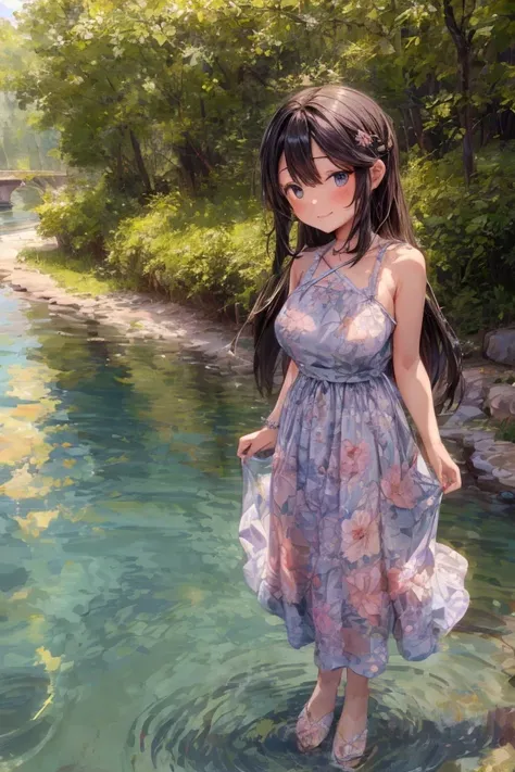 Masterpiece, best quality) 2 girls friends long hair, floral long formal dress, outdoors, im the river, full body, smilling