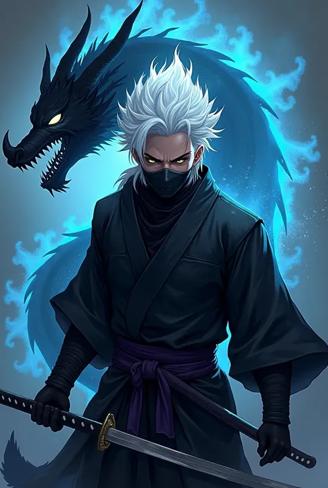 Create a game logo featuring a black-clothed ninja male god with white hair with eyes releasing flames, holding a katana sword. Dressed like a god in heaven, with a blue, neon shadow on the back.\n and has the active gesture of a demon ninja .
There's a bl...