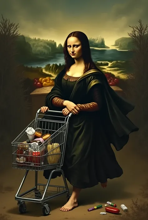 The sad Mona Lisa who races with a shopping cart and buys useless objects with a dark background 
