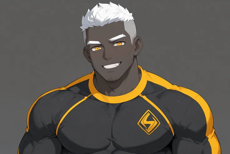 negro, anime characters：Gyee, Young Muscle Sports Teacher, negro black skin, Upper body, Manliness, He wears a loose Brazilian jiu jitsu uniform, Wear a black high-necked tights inside, Very tight, muscular male, muscular, only, Upper body, White short hai...