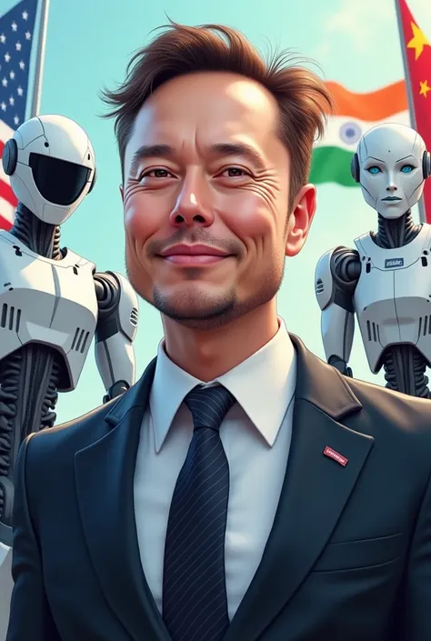 Did you come create a caricature for me: 
In the background, robots from Elon Musk and his company such as OpenAL or Neuralink.
Then you should see Elon Musk (Often in the foreground or on the other side) Then when that goes the flags of the USA, China and...