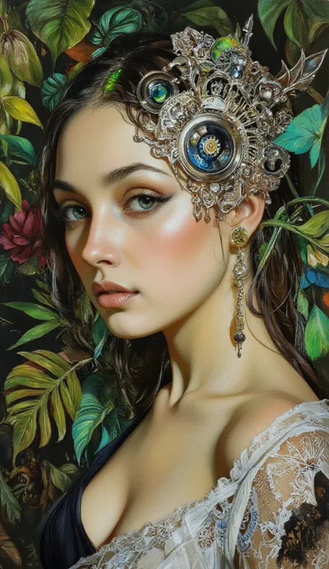  on parchment, side view close A hyper-detailed digital painting, blending art nouveau elegance with modern cyber motifs, featuring a mythical, enigmatic sylph amid a lush jungle. Radiant, glowing emerald eyes, delicate silver filigree, and diaphanous garm...