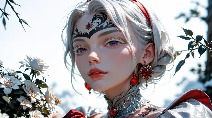 albinodoll ，white hair，Colored eyelashes， beauty，Sexy， 1girl ，Alone， purple eyes ， Snow White Skin ， sharp eye， Silver Slim Shoulder Dress， Delicate Earrings 0 ：5，Half-length portrait，Tattoo，Tattoo