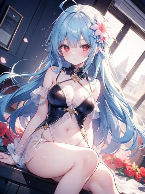 1girl, Solo, Long Hair, Breasts, Blush, Smile, Looking at viewer, Blue Hair, Ahoge, Messy Hair, Red Eyes, Hair Flower, Dutch Angle, Best Quality, Detail, 