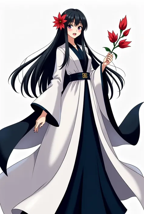  cartoon about a woman in a black and white coat and a red flower,  inspired by Nishikawa Sukenobu ,  Inspired by Kusumi Morikage ,  dark blue and white clothes ,  female anime character,  very long white cloak  ,  manga style “bleach” ,  best anime charac...