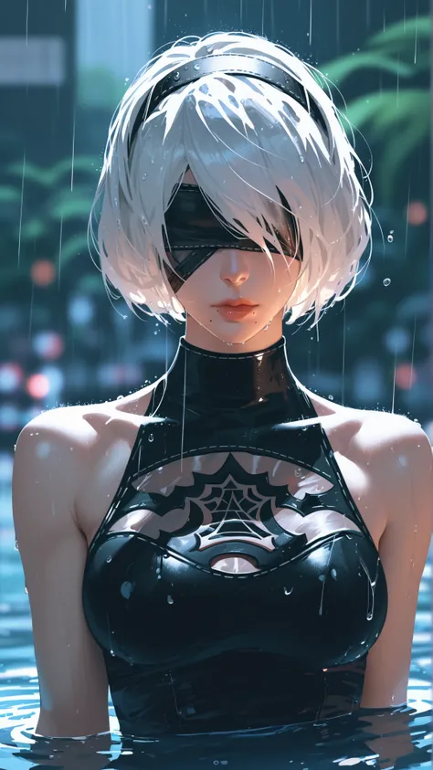 score_9, score_8_up, score_7_up, 1girl, solo, breasts, short hair, dress, bare shoulders, medium breasts, closed mouth, upper body, white hair, hairband, sleeveless, mole, blurry, black dress, lips, wet, depth of field, blurry background, turtleneck, phone...