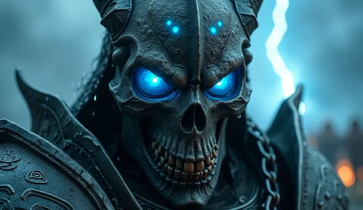 A close-up, cinematic shot of the Rider of Fury, his terrifying skull helmet adorned with glowing blue runes that pulse with raw energy. His hollow, spectral eyes burn like twin embers beneath the metal, radiating power and menace. The battle-worn, blacken...