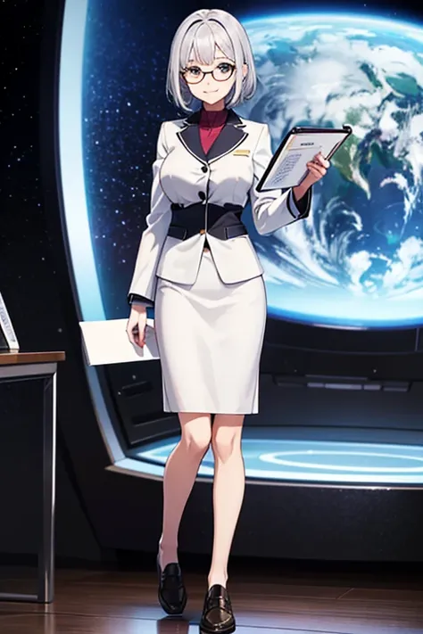  anime picture for TRPG、Space science fiction teacher 、 full body portrait in front of 、A 32-year-old woman about 170 cm tall, wearing a silver suit and a long tight skirt, holding a clipboard and standing upright、Glasses、Silver Eyes、 smiling、The hairstyle...