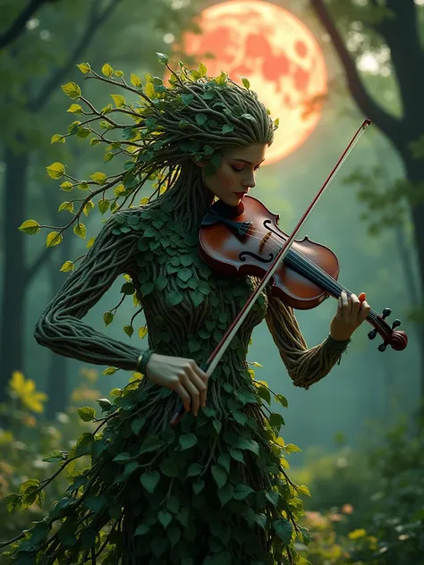 A potrait of sureal female made from swirl roots, small tree branch,  tree leaves, grsss dress. play violin from big leaves.  performing at sureal  forest with red moon.  moonlight through the cracks in the leaves shining on the woman creates a contrasting...