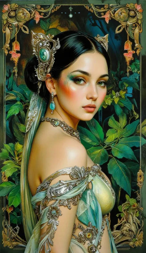  on parchment, side view close A hyper-detailed digital painting, blending art nouveau elegance with modern cyber motifs, featuring a mythical, enigmatic sylph amid a lush jungle. Radiant, glowing emerald eyes, delicate silver filigree, and diaphanous garm...