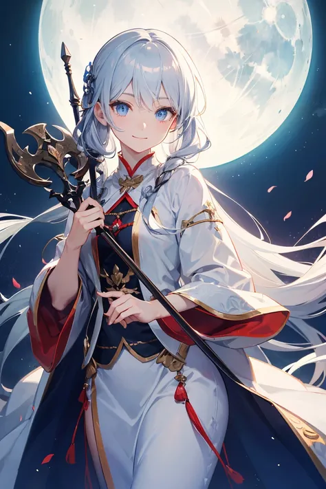  long silver hair， blue eyes ， wearing a white and moonlight colored robe ，Holding a mysterious moonlight staff ，I always have a mysterious smile on my face。