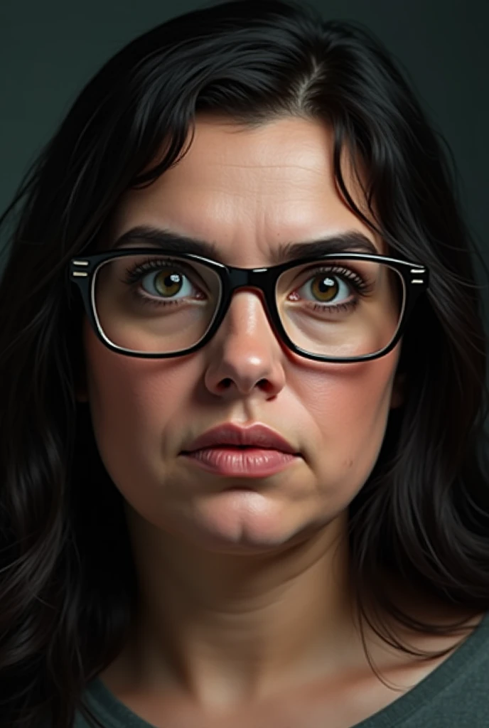 Overweight woman with big, bulging chin, lips not plump,  big eyes , Romanian woman with dark hair and eyeglasses