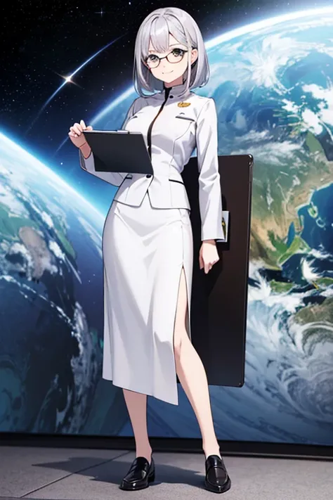  anime picture for TRPG、Space science fiction teacher 、 full body portrait in front of 、A 32-year-old woman about 170 cm tall, wearing a silver suit and a long tight skirt, holding a clipboard and standing upright、Glasses、Silver Eyes、 smiling、The hairstyle...