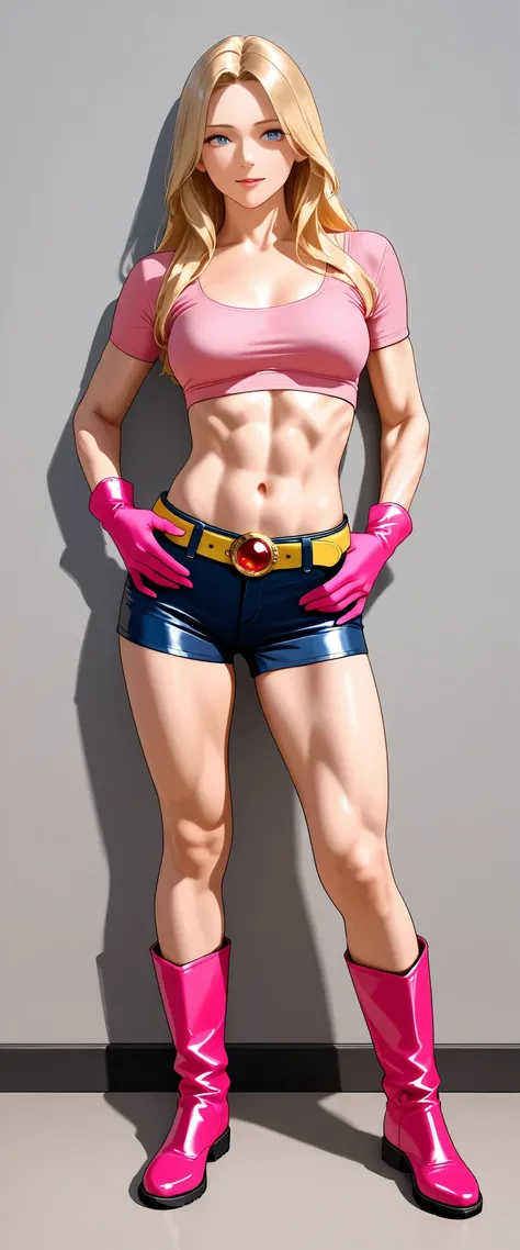 1girl, solo, Adult woman, long hair, blonde, bangs, beautiful face, blue eyes, toned body, medium chest, pink crop top, tight, scoop neckline, short sleeves, pink gloves, navel, blue shorts with yellow belt and red jewel round shape buckle, leather shorts,...