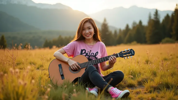 Taking pictures from a distance , extreme long shot, a Realistic asian beautiful woman ,  sitting on grass meadow grass , guitar aside,  wear pink t-shirt shirt black stripe cat picture writing  "Bilal",  wear gold necklace ,  Black jeans , women's all sta...