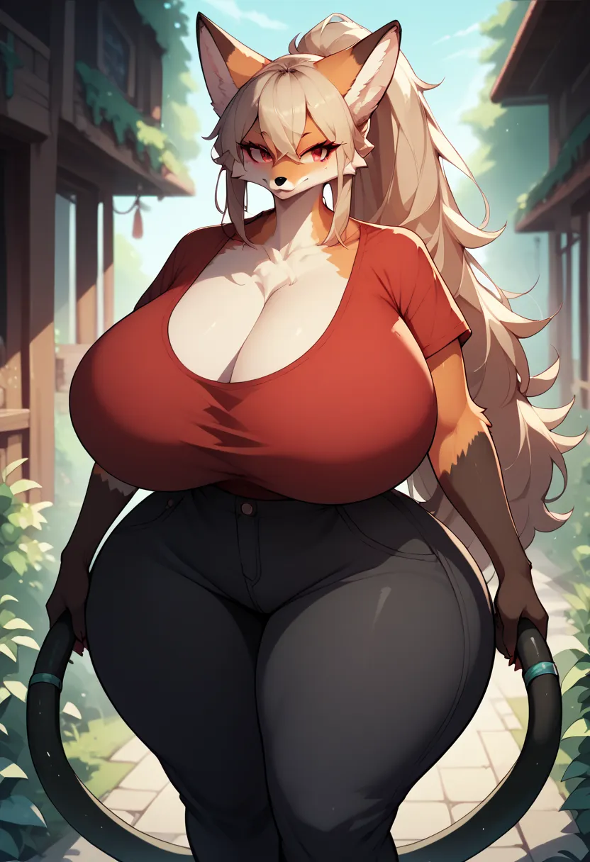 Anime style fox Furry girl, red t-shirt and black hose. (gigantic breasts)very long huge legs, (very wide huge hips huge ass)