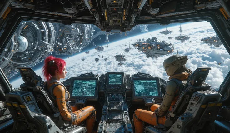 A futuristic starship cockpit with a wide panoramic view of space. Two pilots sit at the control panels—one is a human female with red hair in a tactical space suit, and the other is an alien with reptilian features, both looking focused on a mission. The ...