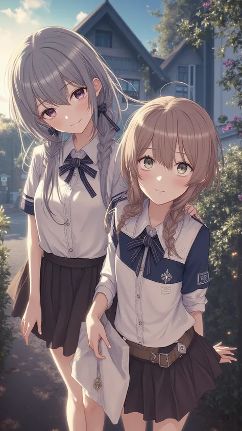 2girls,Roromiya,Ri 々Chiyo, school uniform , ascot ,  Masterpiece,  highest quality